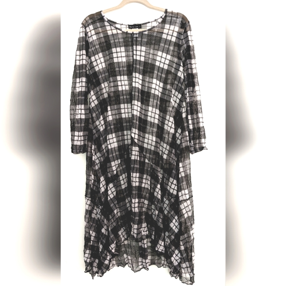 Reina Lee EUC Mesh Layer Dress Crew Neckline Black/White Plaid Pattern Size L